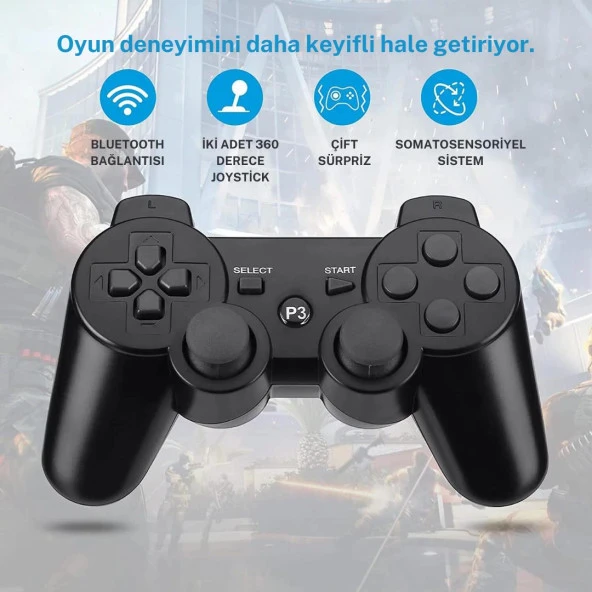 Cosmostech P3 Doubleshock PS3 Playstation 3 için Uyumlu Kablosuz Titreşimli Oyun Kolu Gamepad Joystick Controller Siyah - Resim 8