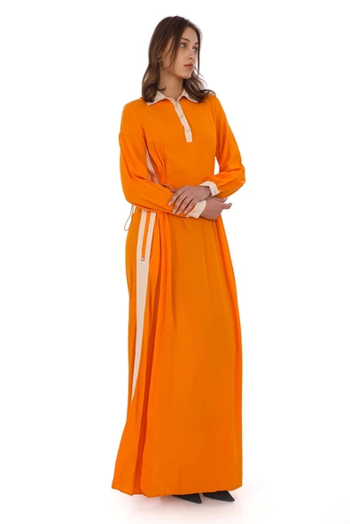 Yandan Bağlamalı Viskon Elbise 2216-Oranj - 5