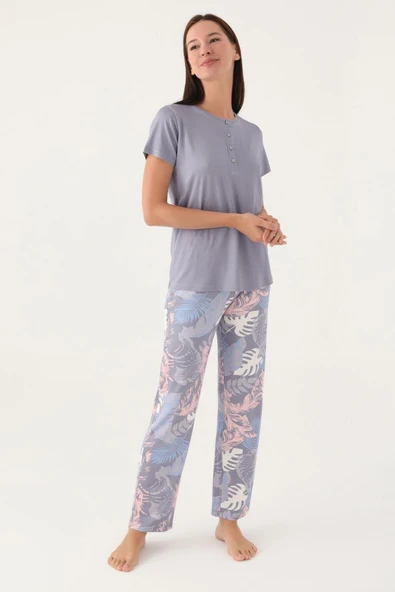 Pierre Cardin 8801 Kadın Düğmeli Desenli Kısa Kol Pijama Takımı - Resim 3