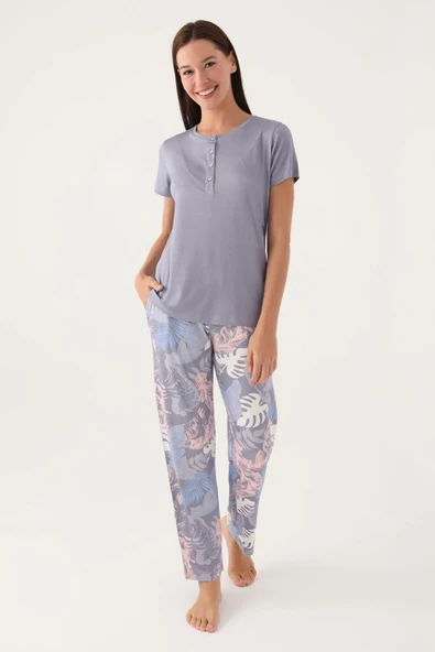 Pierre Cardin 8801 Kadın Düğmeli Desenli Kısa Kol Pijama Takımı ürün görseli 1