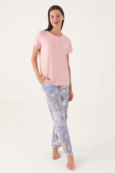 Pierre Cardin 8801 Kadın Düğmeli Desenli Kısa Kol Pijama Takımı - Resim 6