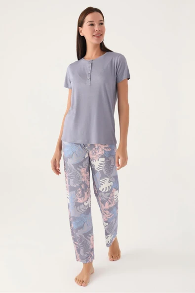 Pierre Cardin 8801 Kadın Düğmeli Desenli Kısa Kol Pijama Takımı - Resim 2