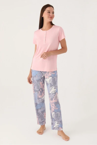Pierre Cardin 8801 Kadın Düğmeli Desenli Kısa Kol Pijama Takımı - Resim 8