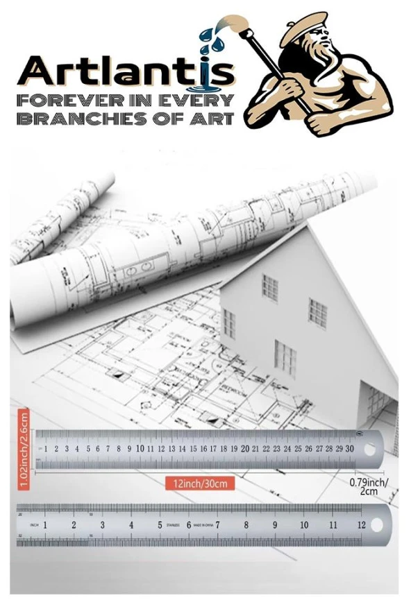 Çelik Cetvel 50 cm İnç Ölçülü 1 Adet Paslanmaz Çelik Metal Çetvel 50 Santimetre - 4