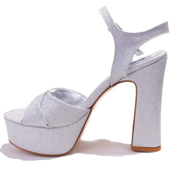 Dagoster DZA07-337350CN Gümüş Simli Tek Bant Platform Topuklu Kadın Ayakkabı - 3