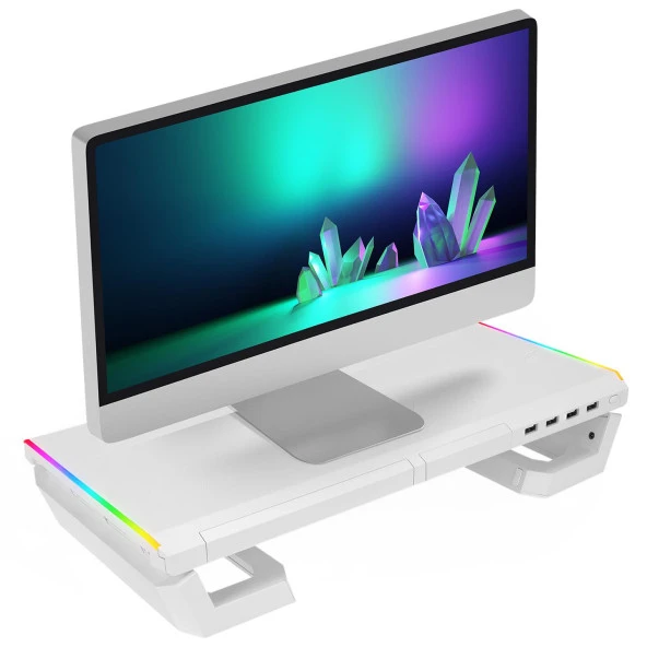 Everest 4 USB Hub RGB Işıklı Katlanabilir Yükseklik Ayarlı Beyaz Monitör Standı