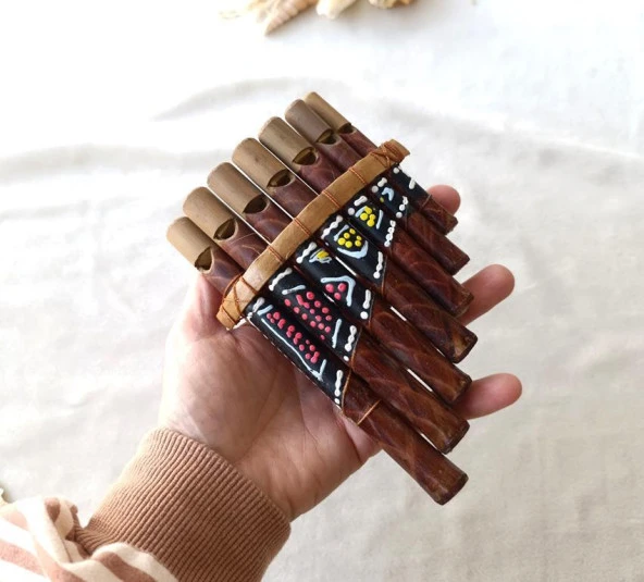 Pan Flüt Bambu Boyalı Ahşap El Sanatları Dekoratif  7 Nota Müzik - 2