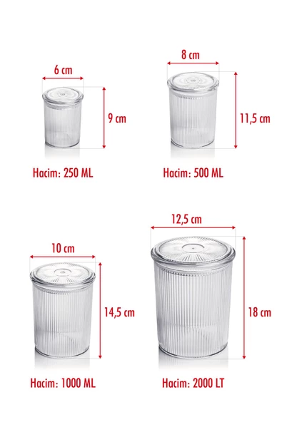 24'lü Barok Yuvarlak 4 Boy Kavanoz Seti & Saklama Kabı & Erzak Kabı (6*2000 ML, 6*1000 ML, 6*500 ML, 6*250 ML) - 4