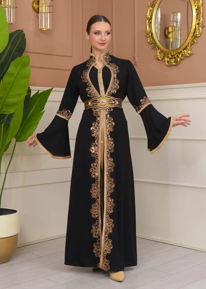 Altın işlemli  kaftan Abiye Elbise 4110