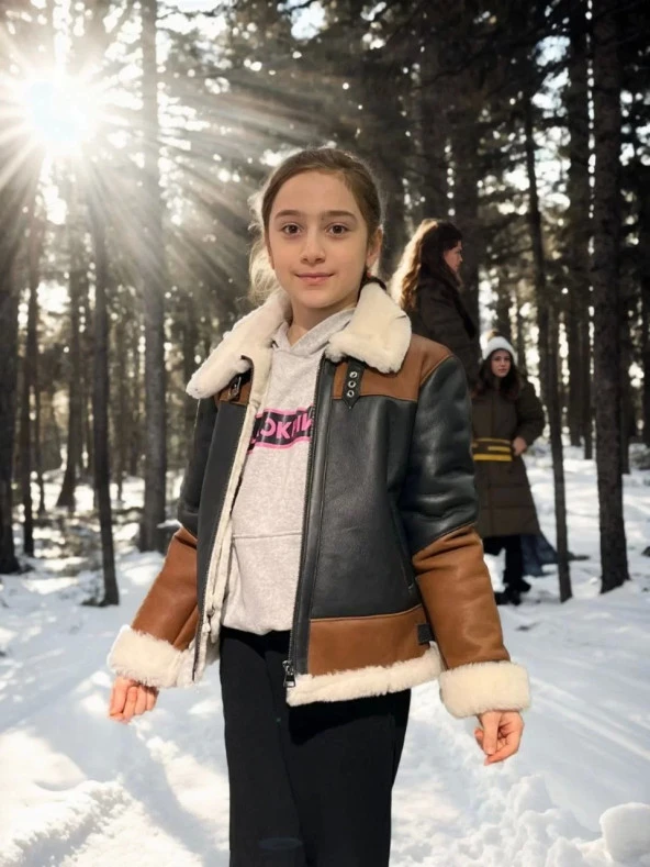 Çocuk Yakalı Parçalı Kürk - Kahve - Resim 3