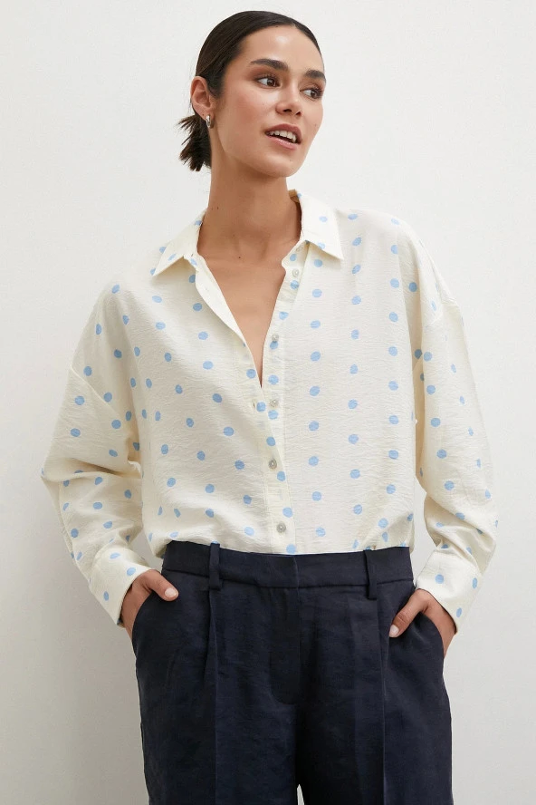 Puantiyeli Oversize Gömlek Ekru - Resim 5