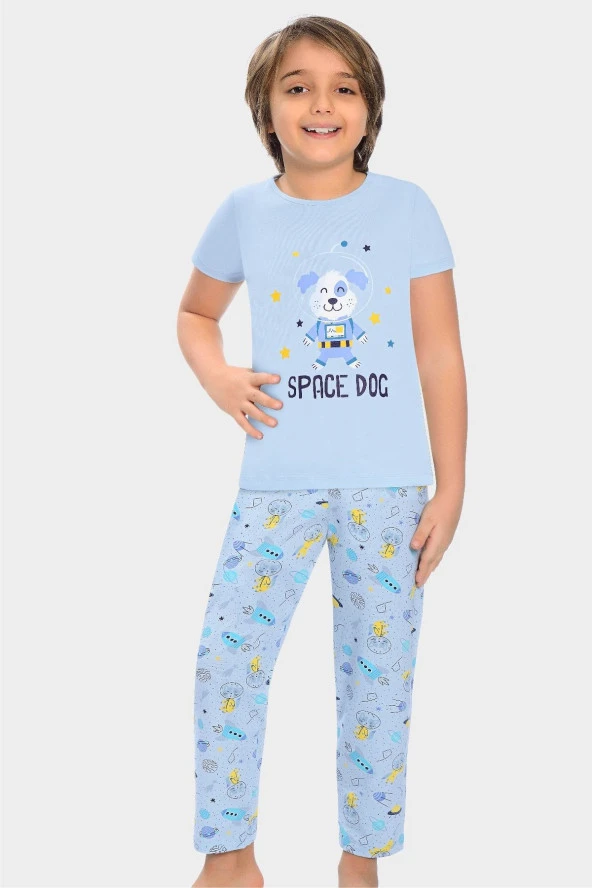 Düz Paça Erkek Çocuk Pijama Takımı Uzaylı Köpekcik