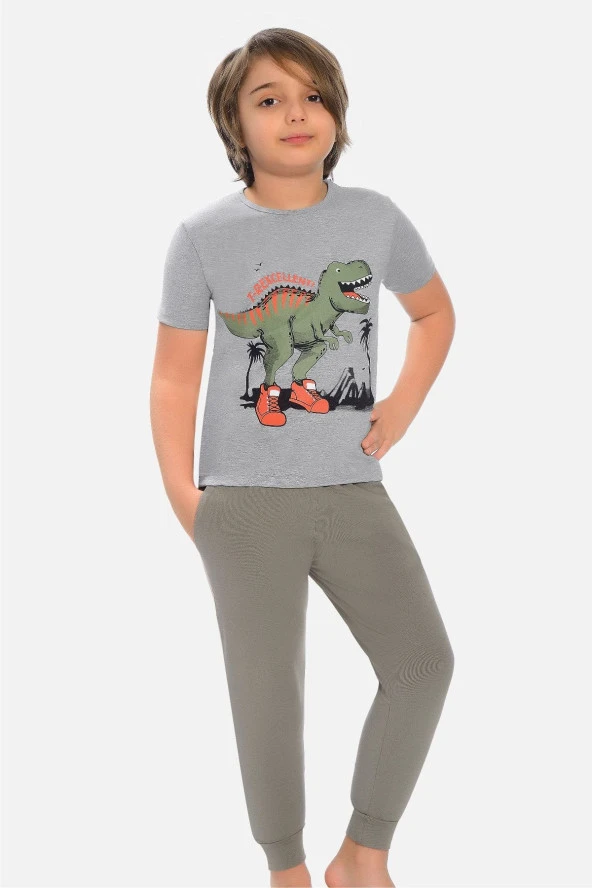 Paça Bantlı Erkek Çocuk Pijama Takımı Füme