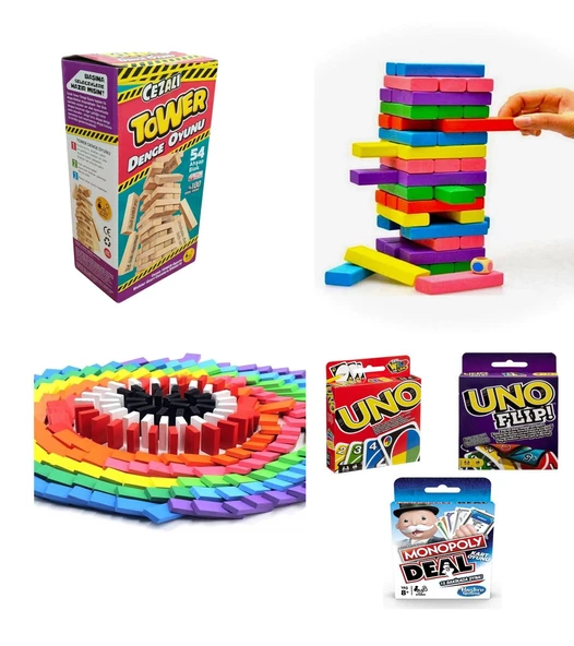 TİFOYS Cezalı Jenga , Renkli Jenga , Domino , Uno, Uno Flip , Monopoly Deal, Aile Etkinlik Seti , Oyun Seti