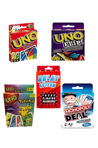 TİFOYS Uno , Uno Flip , Uno Pokemon , Monopoly Deal , Anlat Lütfen ( 5 Parça ) Aile Etkinlik ,Oyun Seti