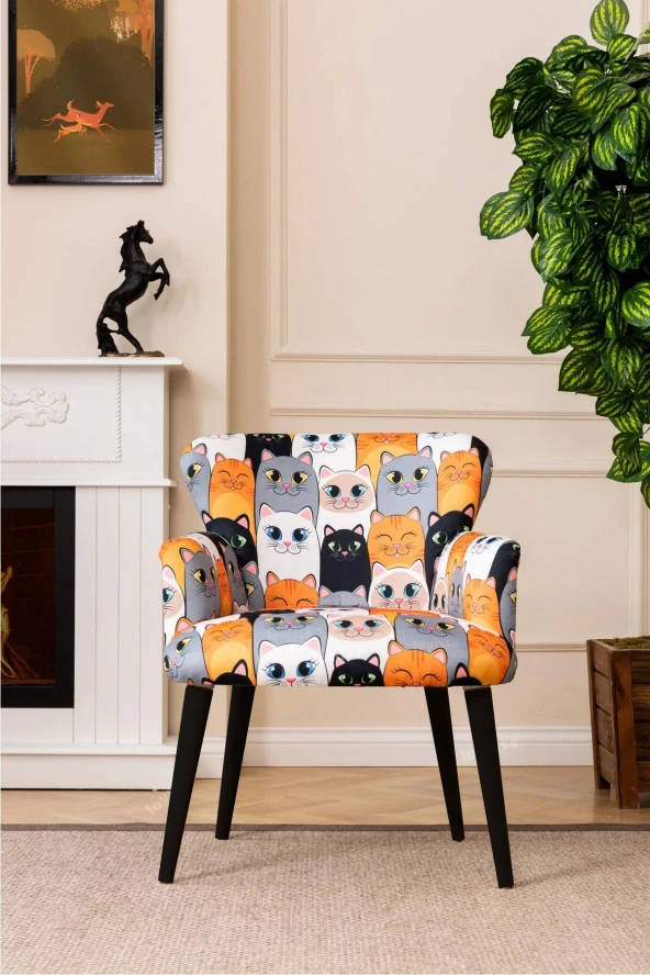 LOVİSSE HOME Siyah Ayak Patchwork Desen Berjer Tekli Koltuk Balkon, Ofis, Bekleme, Güzellik Merkezi, Çay Seti