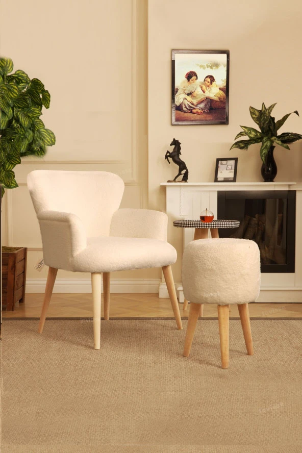 LOVİSSE HOME Teddy Berjer + Puf Set Tekli Koltuk Balkon, Ofis, Bekleme, Güzellik Merkezi, Çay Seti