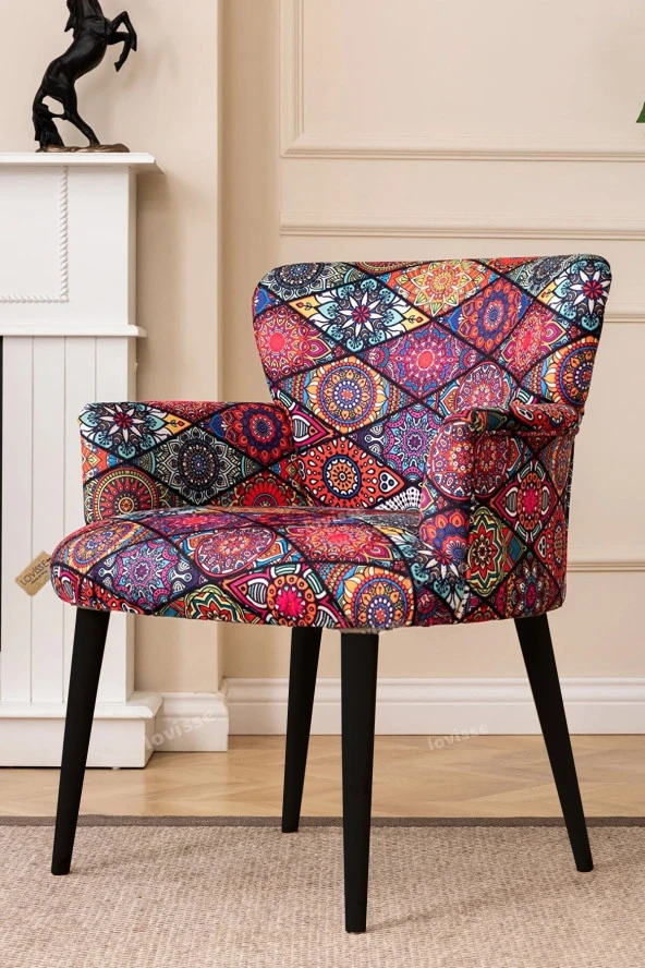 LOVİSSE HOME Patchwork Berjer Siyah Ayak Retro Tekli Koltuk Balkon, Ofis, Bekleme, Güzellik Merkezi, Çay Seti - 3
