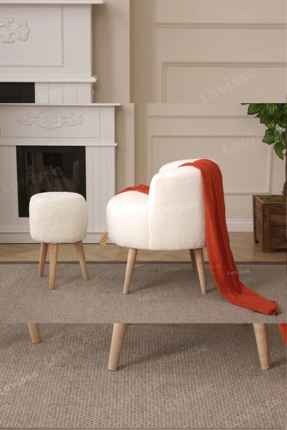 LOVİSSE HOME Teddy Berjer ve Puf Set Tekli Koltuk Balkon, Ofis, Bekleme, Güzellik Merkezi, Çay Seti - 2