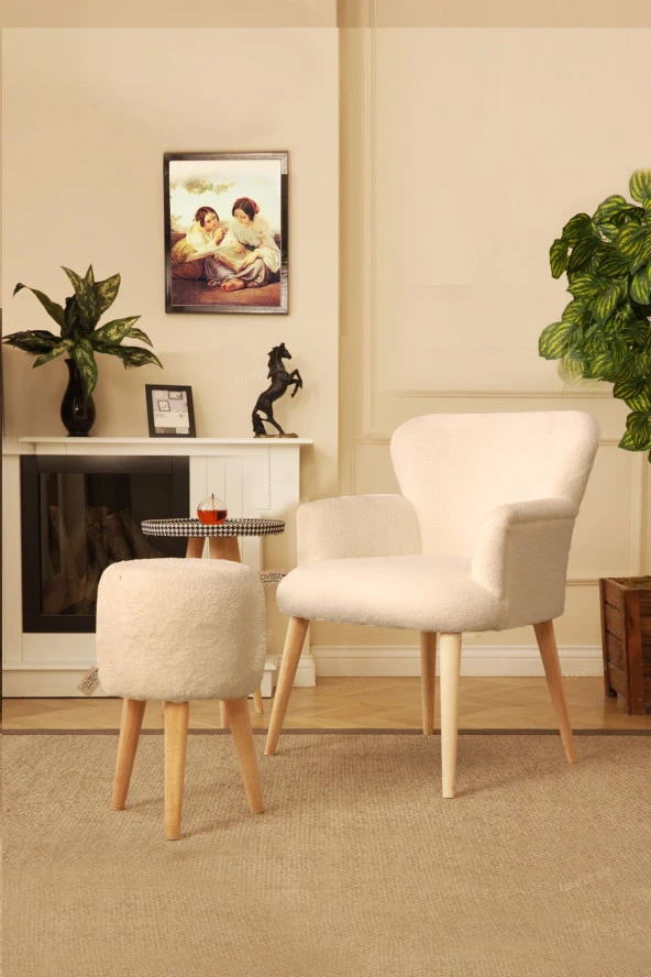 LOVİSSE HOME Teddy Berjer + Puf Set Tekli Koltuk Balkon, Ofis, Bekleme, Güzellik Merkezi, Çay Seti - Resim 3