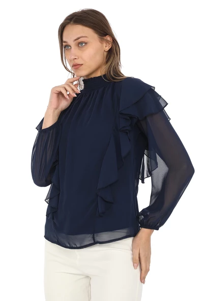 Omuz Fırfırlı Yaka Gipeli Şifon Bluz 6001-Lacivert - 2