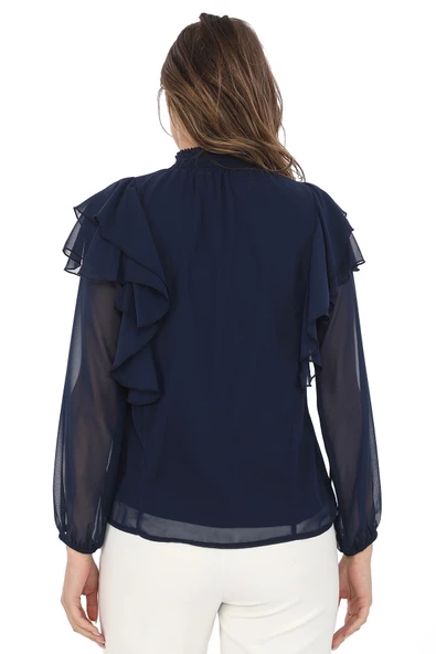 Omuz Fırfırlı Yaka Gipeli Şifon Bluz 6001-Lacivert - 5