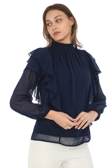 Omuz Fırfırlı Yaka Gipeli Şifon Bluz 6001-Lacivert - 3