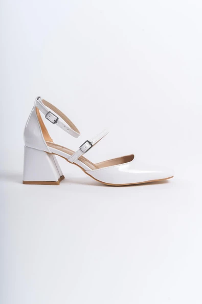 Sigva Mary Jane Yazlık Beyaz Rugan Kalın Topuklu Bantlı Ayakkabı - Resim 4
