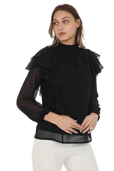 Omuz Fırfırlı Yaka Gipeli Şifon Bluz 6001-Siyah - 4