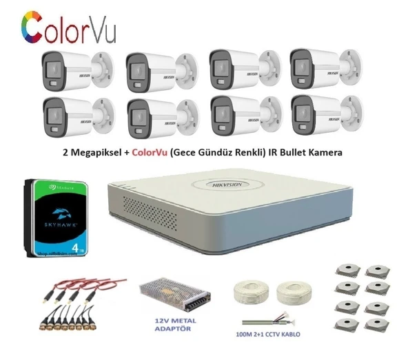 Hikvision 2mp 8 kameralı Dış ortam AHD HD-TVI ColorVu Gece Renkli Kamera Seti 4TB Disk - 1