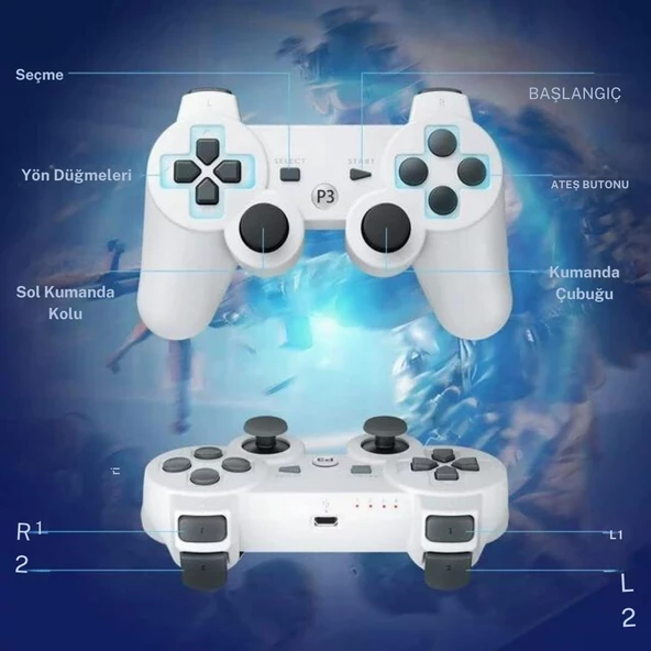 Cosmostech P3 Doubleshock PS3 Playstation 3 için Uyumlu Kablosuz Titreşimli Oyun Kolu Gamepad Joystick Controller Beyaz - 2