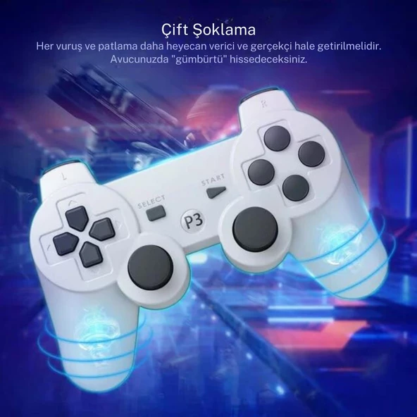 Cosmostech P3 Doubleshock PS3 Playstation 3 için Uyumlu Kablosuz Titreşimli Oyun Kolu Gamepad Joystick Controller Beyaz - 4