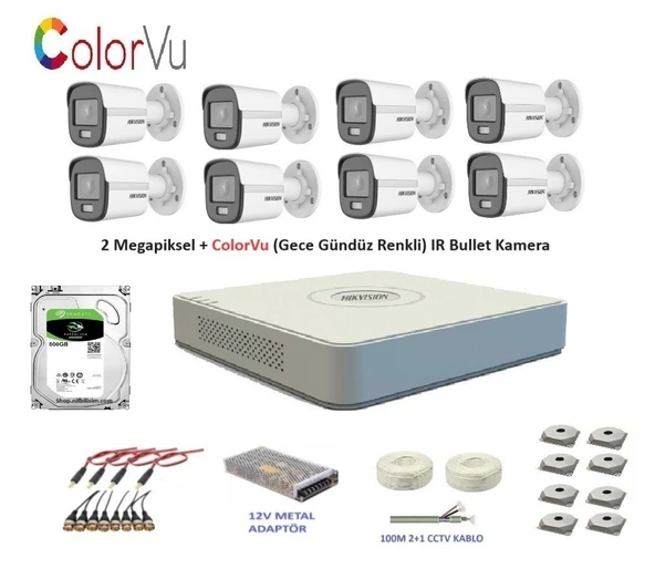 Hikvision 2mp 8 kameralı Dış ortam AHD HD-TVI ColorVu Gece Renkli Kamera Seti 500GB Disk