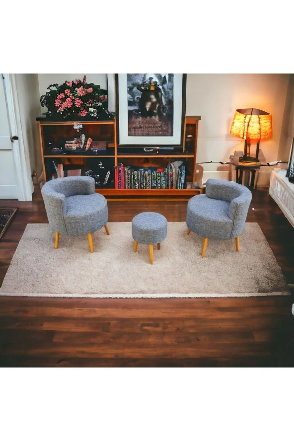 BEYLERBEYİ Çay Seti İkili Koltuk Berjer Ve Puf Takımı (salon, Balkon, Ofis) 3 Lü Takım