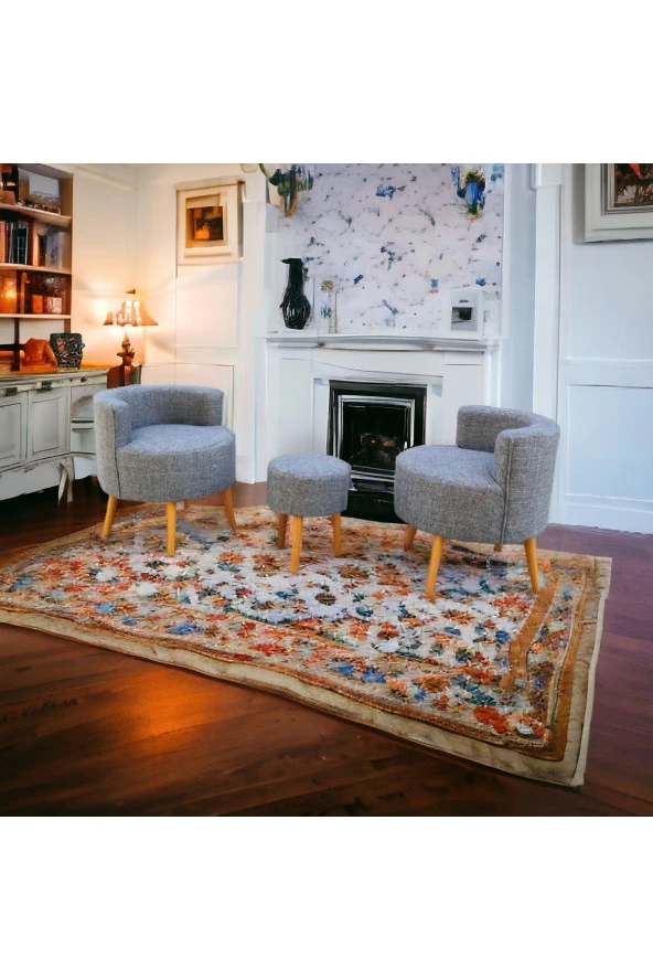 BEYLERBEYİ Çay Seti İkili Koltuk Berjer Ve Puf Takımı (salon, Balkon, Ofis) 3 Lü Takım - 4