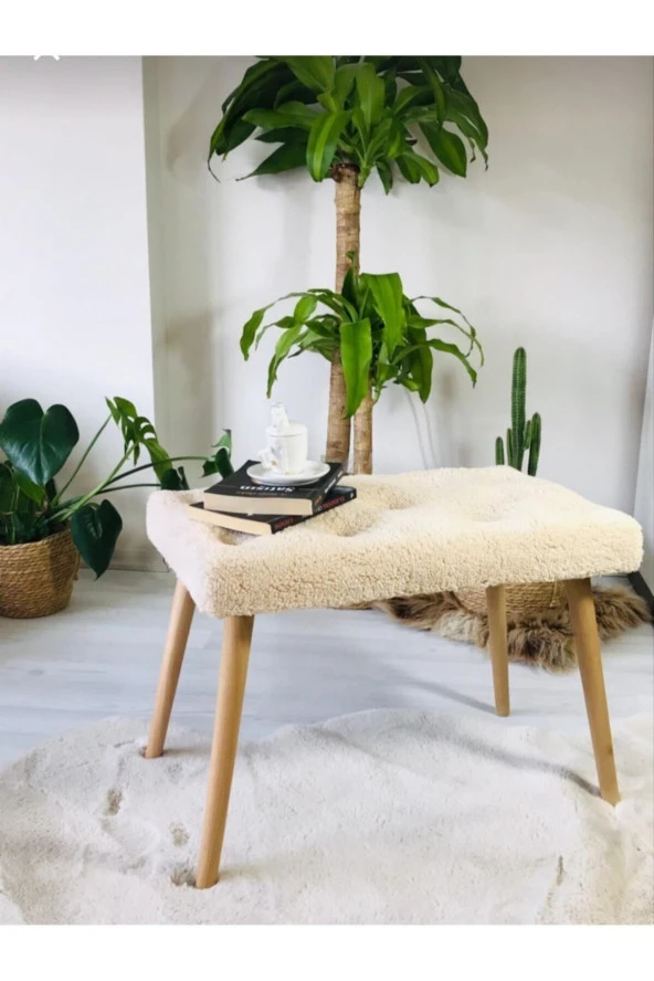 BEYLERBEYİ Gürgen Retro Ahşap Ayaklı Handmade Pofidik Puf Bench Koltuk