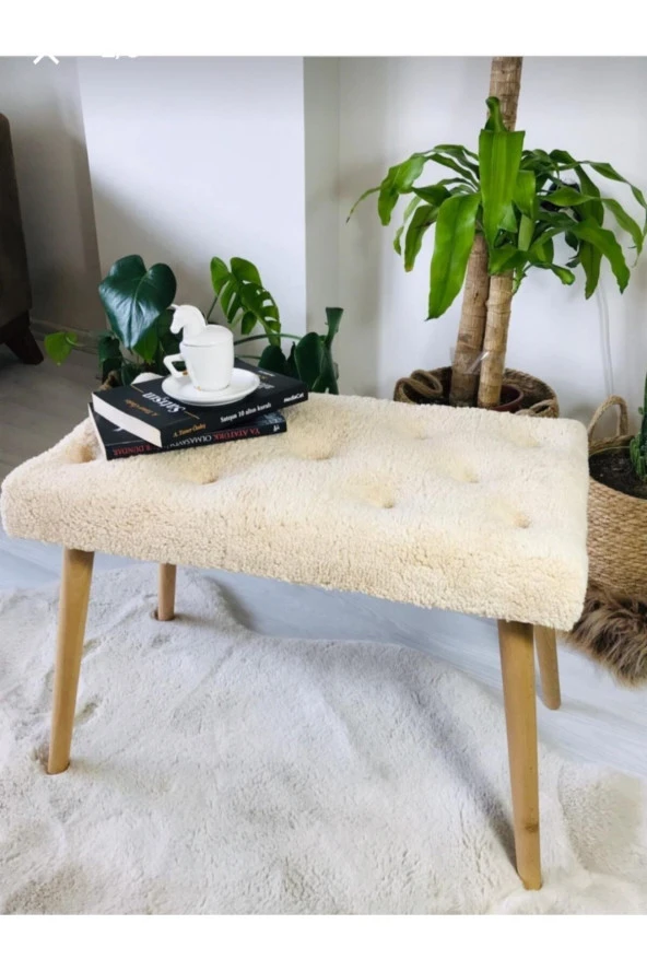 BEYLERBEYİ Gürgen Retro Ahşap Ayaklı Handmade Pofidik Puf Bench Koltuk - Resim 2