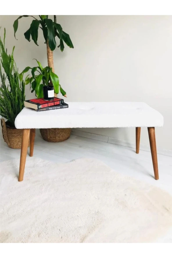 BEYLERBEYİ Ahşap Ayaklı Handmade Geniş Oturum Alanlı beyaz welsoft Kumaş Pofidik Puf bench ,ayak ucu uzatmalık