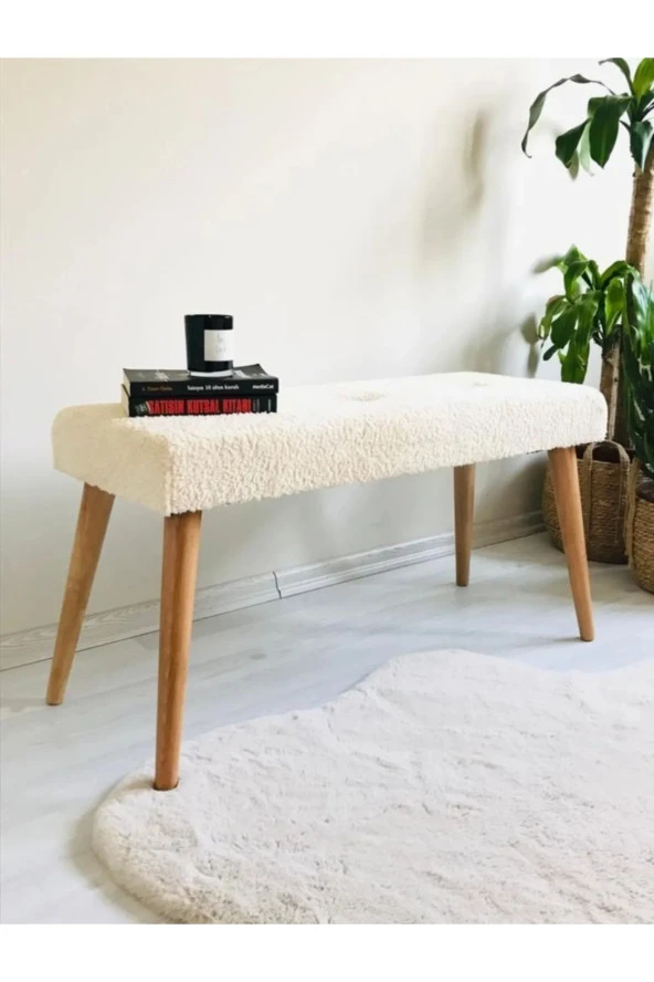 BEYLERBEYİ Ahşap Ayaklı Handmade Geniş Oturum Alanlı Krem welsoft Kumaş Pofidik Puf bench ,ayak ucu uzatmalık