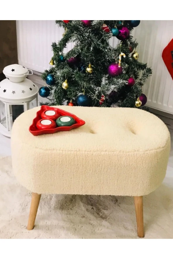 BEYLERBEYİ Gürgen Ahşap Ayak Tedy Kumaş Oval Pufidik Puf Bench - Resim 2