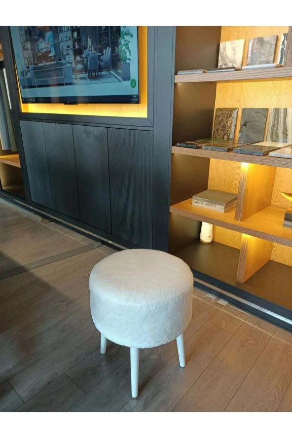 BEYLERBEYİ Gürgen Ahşap Ayaklı Dekoratif Beyaz Pelüş Yuvarlak Puf Bench Koltuk Sandalye - Resim 3