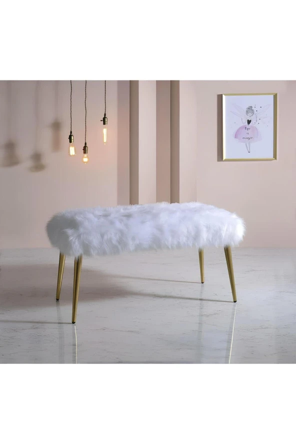 BEYLERBEYİ Ahşap Ayaklı Handmade Geniş Oturum Alanlı Krem Peluş Kumaş Pofidik Puf Bench ,ayak Ucu Uzatmalık