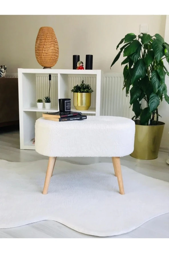 BEYLERBEYİ Gürgen Ahşap Ayak welsoft Kumaş Oval Pufidik Puf Bench Tabure Sandalye - Resim 2