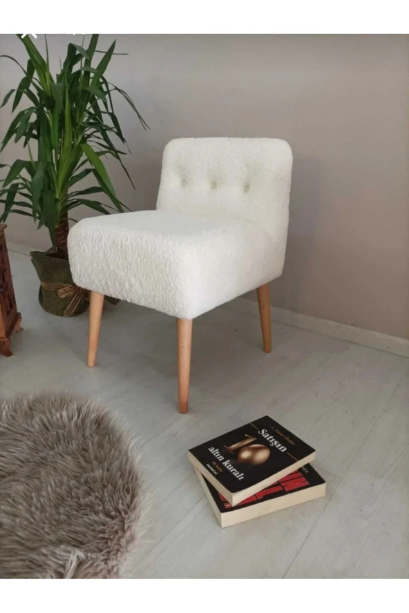 BEYLERBEYİ Rahat Oturum Alanlı Retro Gürgen Ahşap Ayaklı Beyaz welsoft Kumaş Puf Bench sandalye tabure