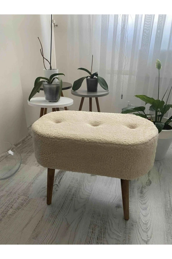 BEYLERBEYİ Gürgen Ahşap Ayak welsoft Kumaş Oval Pufidik Puf Bench Tabure Sandalye - Resim 3