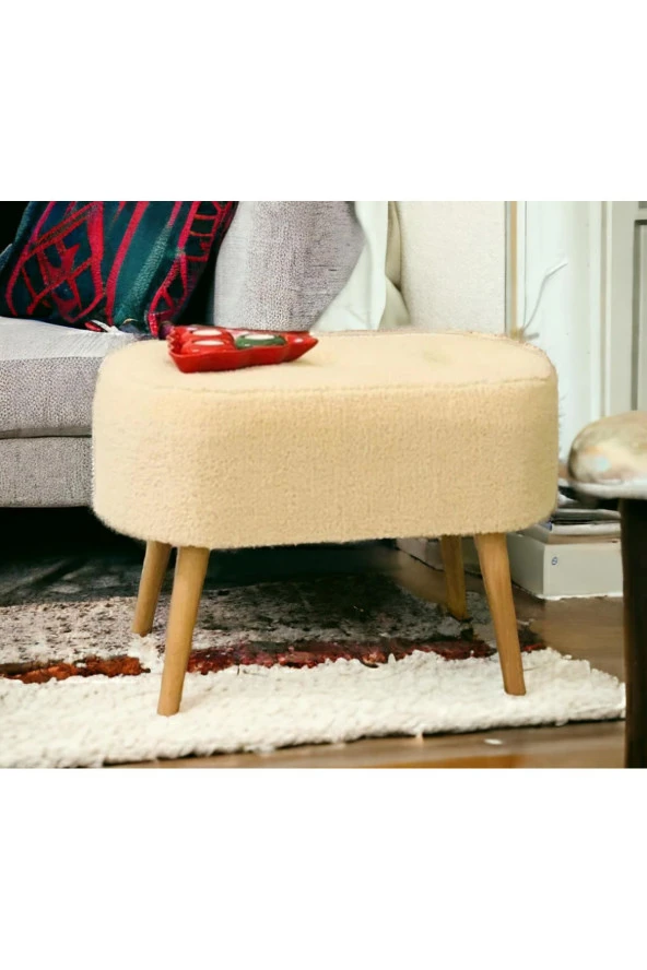 BEYLERBEYİ Gürgen Ahşap Ayak Tedy Kumaş Oval Pufidik Puf Bench - Resim 3