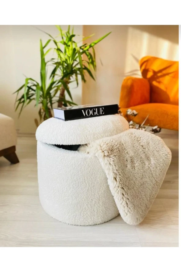 BEYLERBEYİ Handmade X Large Beyaz Tedy Kumaş Sandıklı Silindir Dekoratif Pufidik Puf Bench