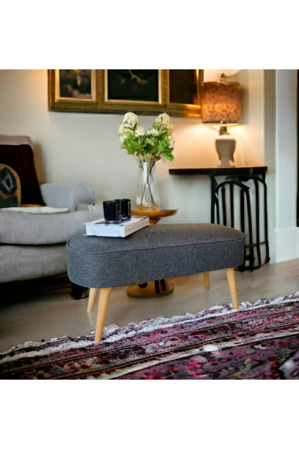 BEYLERBEYİ Retro gürgen ceviz Renk ahşap ayaklı Geniş oturum alan özel tasarım oval bench antresit keten kumaş - Resim 2