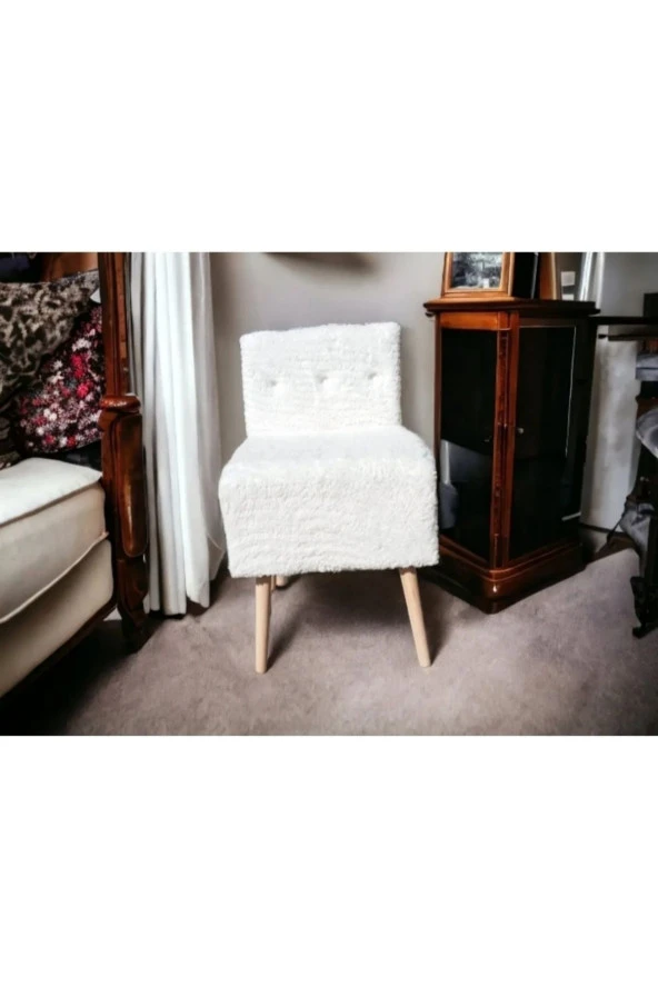 BEYLERBEYİ Rahat Oturum Alanlı Retro Gürgen Ahşap Ayaklı Beyaz welsoft Kumaş Puf Bench sandalye tabure - Resim 2