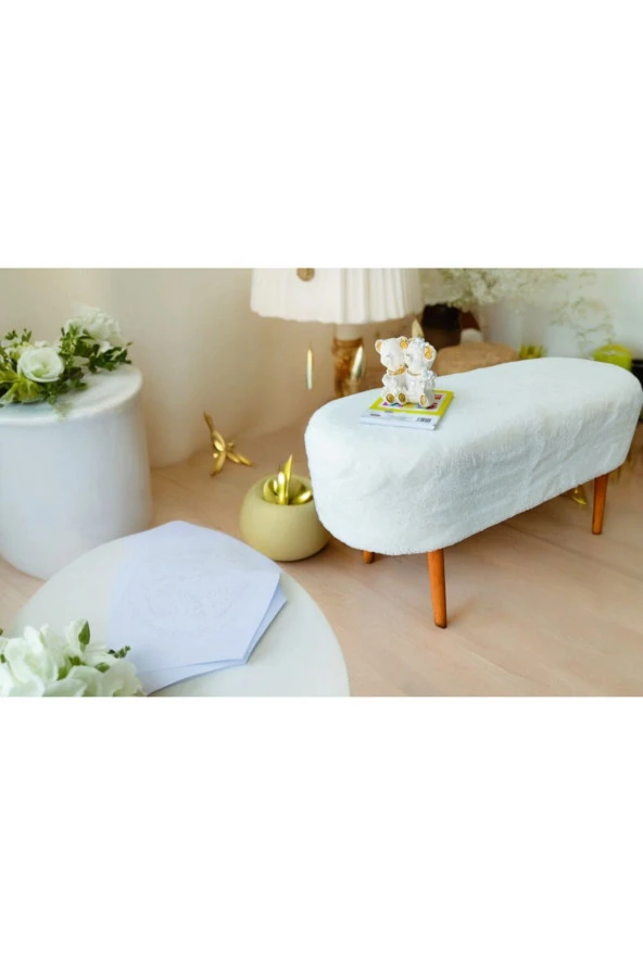 BEYLERBEYİ Retro Ceviz Renk Ahşap Ayaklı Geniş Oturum Alanlı Oval Bench Puf Krem - Resim 2